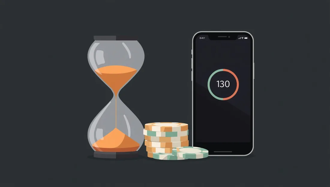 Et timeglas ved siden af en lille stak jetoner og en telefon med en timer